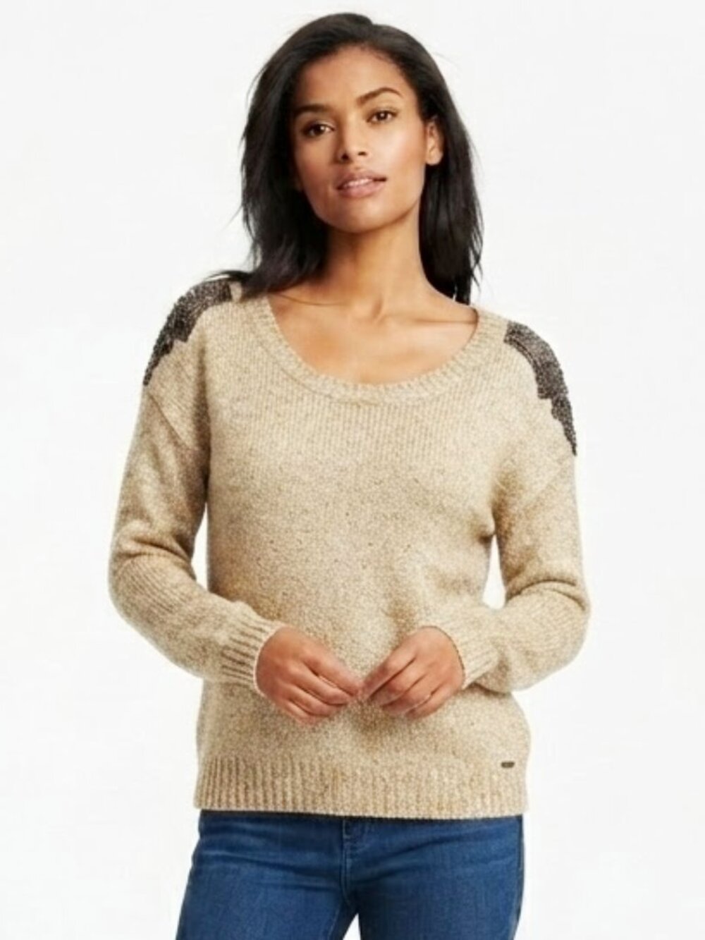 Guess Gold Metallic & Ivory Sweater w/Beaded Shoulder Epaulettes- Sz. Med